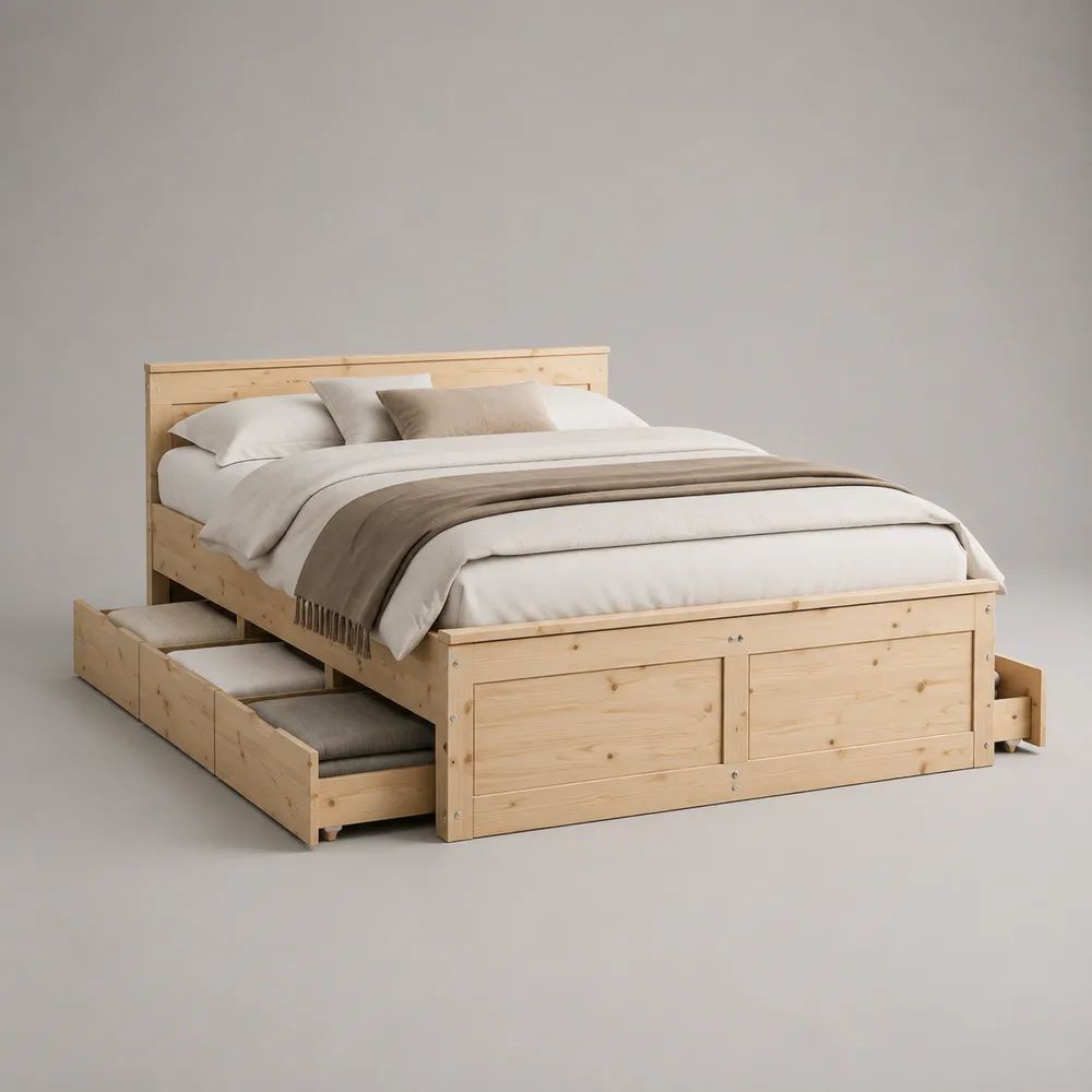 Stauraumbett aus massivem Kiefernholz mit 4 Schubladen, Natur, 180 × 200 cm