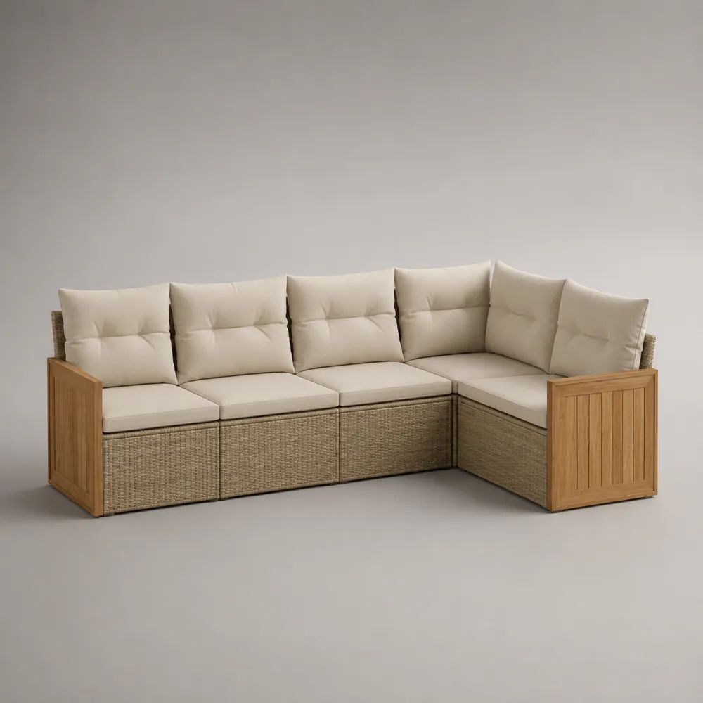4-teiliges Garten-Ecksofa aus Akazienmassivholz, Stahl und PE-Rattan, Beige/Naturbraun, 240 × 160 × 78 cm