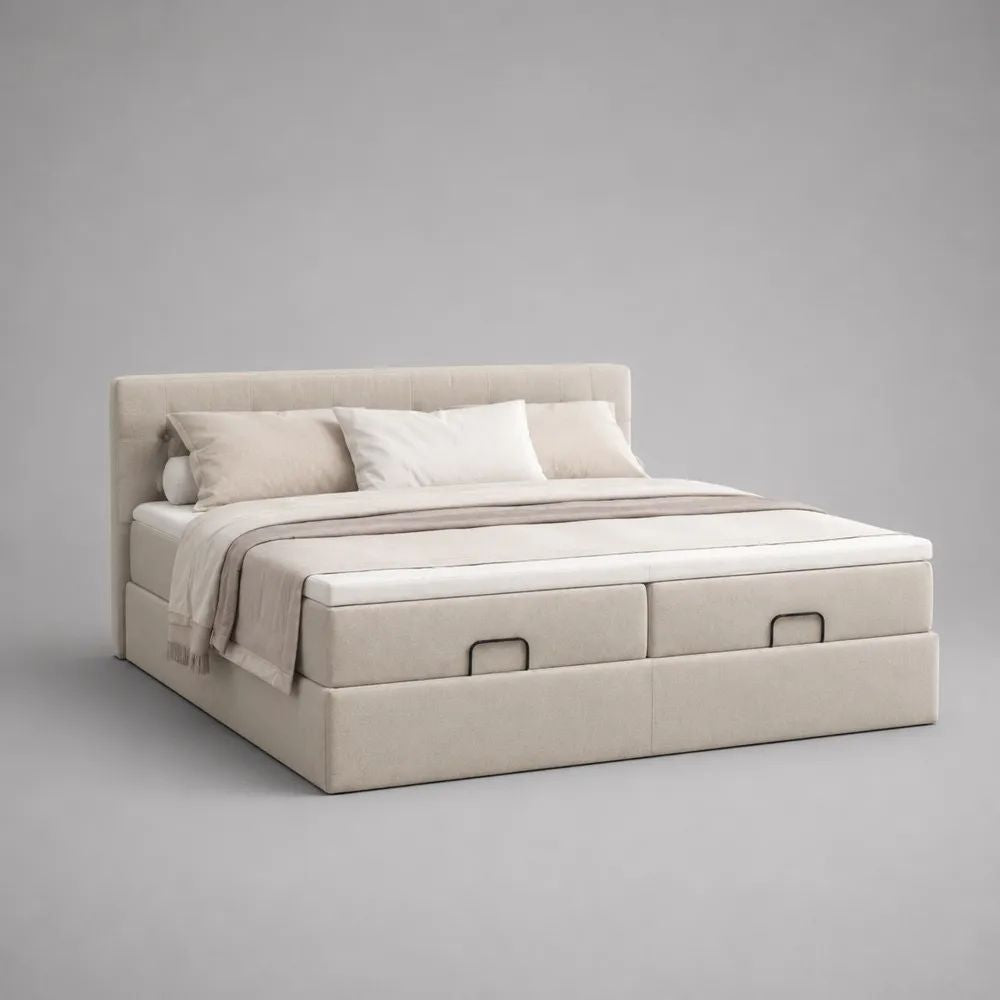 Polsterbettgestell mit 2 Bettkästen, Liegefläche 180 x 200 cm, Polyesterbezug, MDF und Stahl, Beige, 190 x 215 x 110 cm