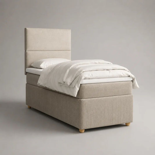Boxspringbett 90 × 200 cm, 4-teilig mit Kopfteil, Taschenfederkernmatratze und Topper, Polyester, Beige/Natur