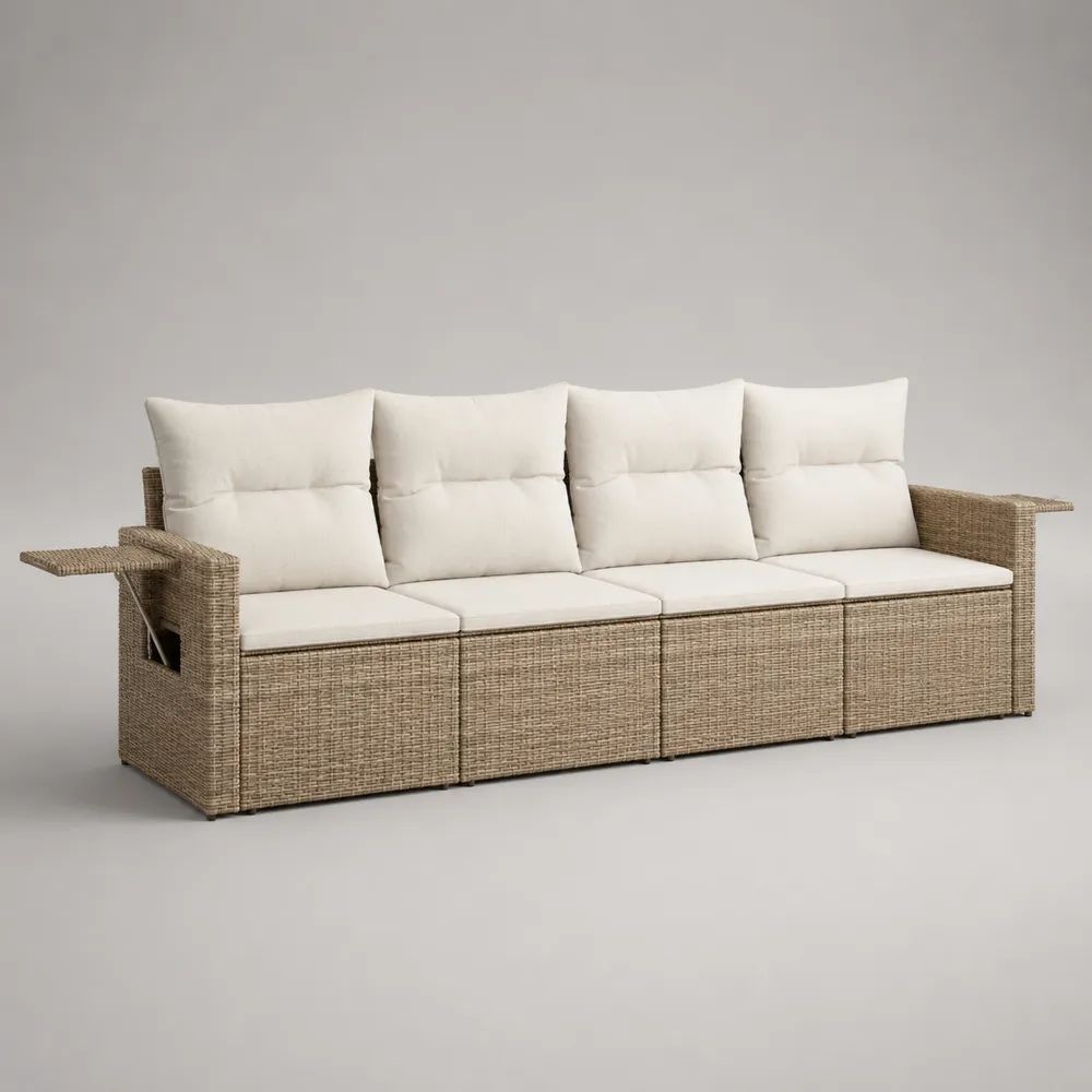 9-teilige Gartenbank, 4-Sitzer aus PE-Rattan mit Auflagen und klappbaren Seitenablagen, 260/300 × 72 × 88 cm, Beige/Cremeweiß