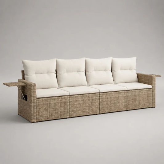 9-teilige Gartenbank, 4-Sitzer aus PE-Rattan mit Auflagen und klappbaren Seitenablagen, 260/300 × 72 × 88 cm, Beige/Cremeweiß
