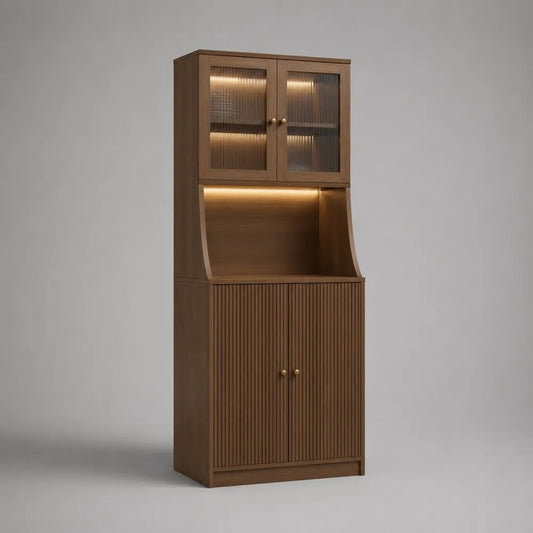 Küchenbuffet mit Vitrinenschrank aus MDF, Walnussfurnier und Riffelglas, Walnussbraun, 90 × 40 × 200 cm