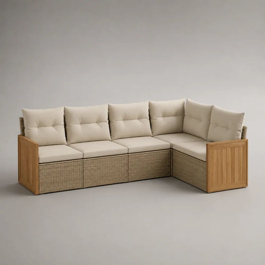 4-teiliges Garten-Ecksofa aus Akazienmassivholz, Stahl und PE-Rattan, Beige/Naturbraun, 240 × 160 × 78 cm