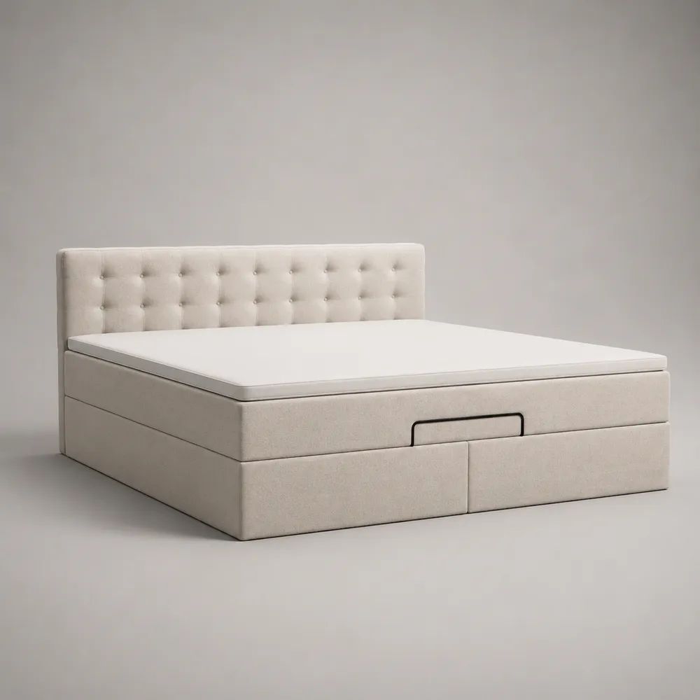 Boxspringbett-Set mit Bettkasten, Taschenfederkernmatratze und Topper, Polyesterbezug, Creme/Schwarz, 180 x 200 cm