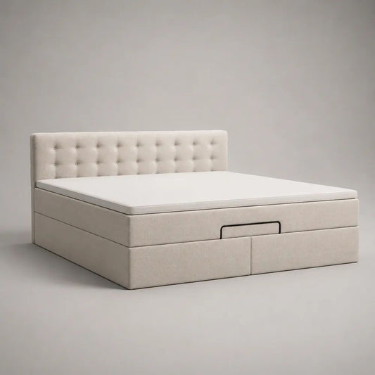 Boxspringbett-Set mit Bettkasten, Taschenfederkernmatratze und Topper, Polyesterbezug, Creme/Schwarz, 180 x 200 cm