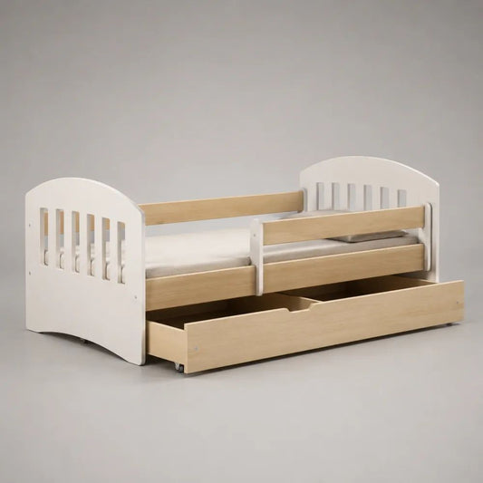 Kinderbett 70 × 140 cm mit Matratze, Rausfallschutz, Lattenrost, Kissen und Rollschublade, MDF und Spanplatte, Weiß/Eichefarben