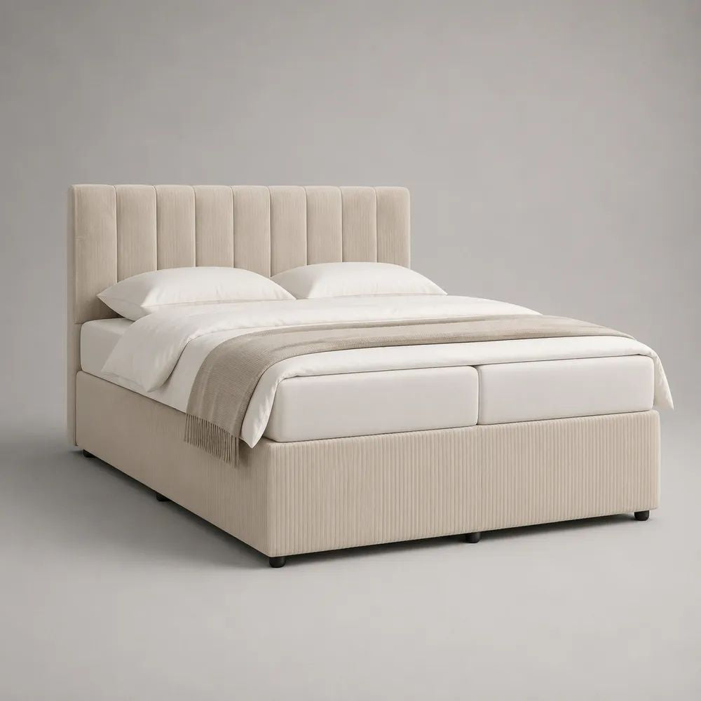 Polsterbett 180 × 200 cm mit Lattenrost und hohem Kopfteil, Cord, Beige, Gesamtmaß 215 × 198 × 120 cm