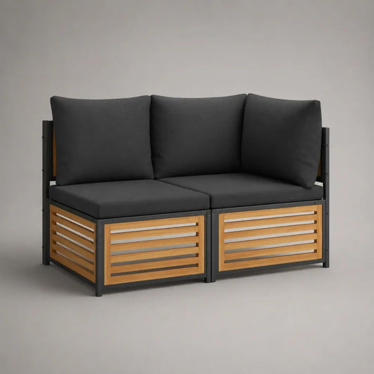 Gartenbank 2-Sitzer aus pulverbeschichtetem Stahl und Akazienmassivholz mit Kissen, Anthrazit/Naturbraun, 122 × 68 × 76 cm