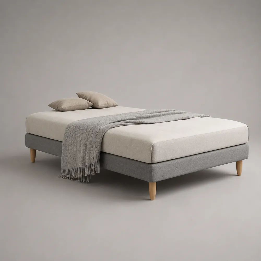 Polsterbett Doppelbett mit Matratze 160 x 200 cm, Polyesterbezug und Massivholzfüßen, Grau/Beige/Natur