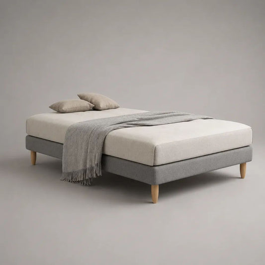 Polsterbett Doppelbett mit Matratze 160 x 200 cm, Polyesterbezug und Massivholzfüßen, Grau/Beige/Natur