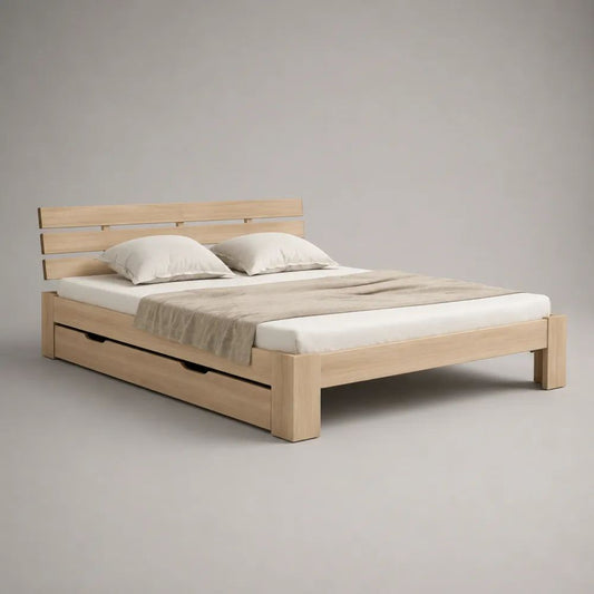 Doppelbett mit Unterbettschublade aus massivem Eichenholz in Natur, Liegefläche 160 x 200 cm