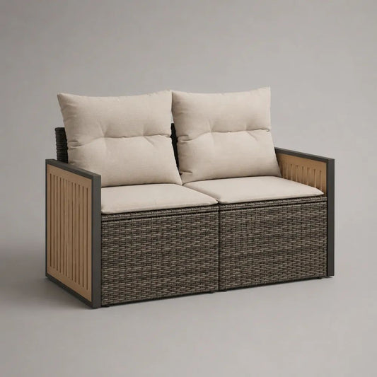 Gartenbank 2-Sitzer mit Auflagen aus PE-Rattan, WPC und Stahl, Braun/Beige/Anthrazit, 124 × 67 × 119 cm