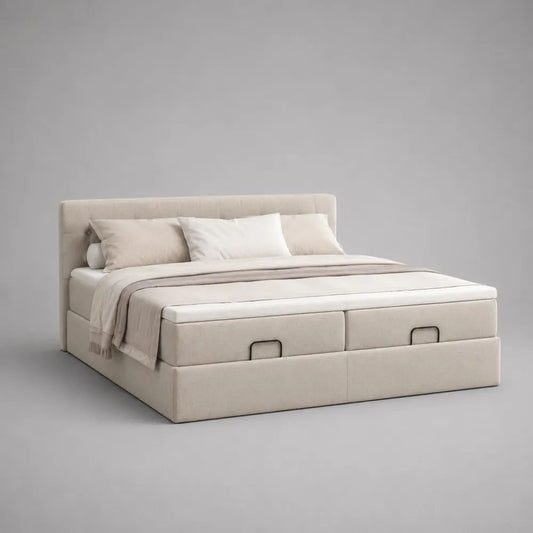 Polsterbettgestell mit 2 Bettkästen, Liegefläche 180 x 200 cm, Polyesterbezug, MDF und Stahl, Beige, 190 x 215 x 110 cm