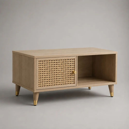 Standregal aus Holz mit Rattan-Geflechttür und offenem Fach, Natur/Goldfarben, 90 × 40 × 55 cm