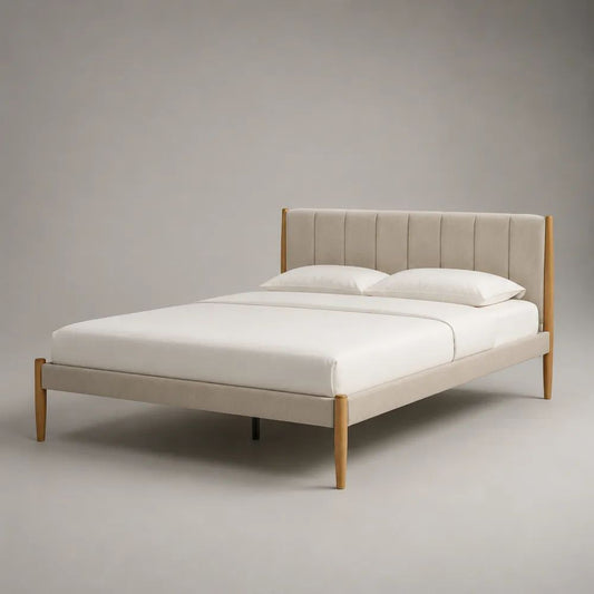 Polsterbett Doppelbett 160 × 200 cm mit Lattenrost, Stoffbezug und Massivholz, Beige/Natur