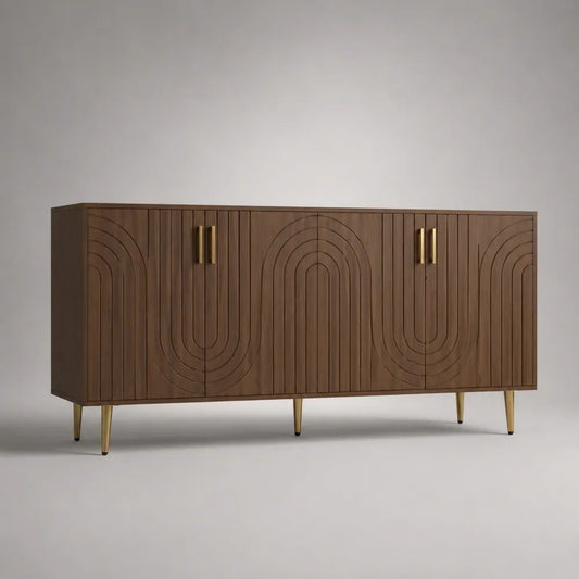 Sideboard Buffetschrank mit 4 Türen aus MDF mit Walnussfurnier, Braun/Messingfarben, 180 × 40 × 85 cm