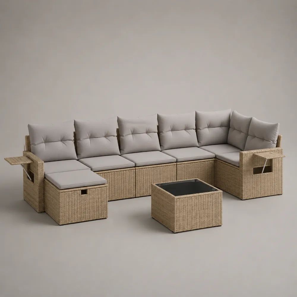 8-teiliges Gartenlounge-Set aus PE-Rattan mit Polstern und Glastisch, L-Form, Beige/Grau/Schwarz, 315 × 215 × 75 cm