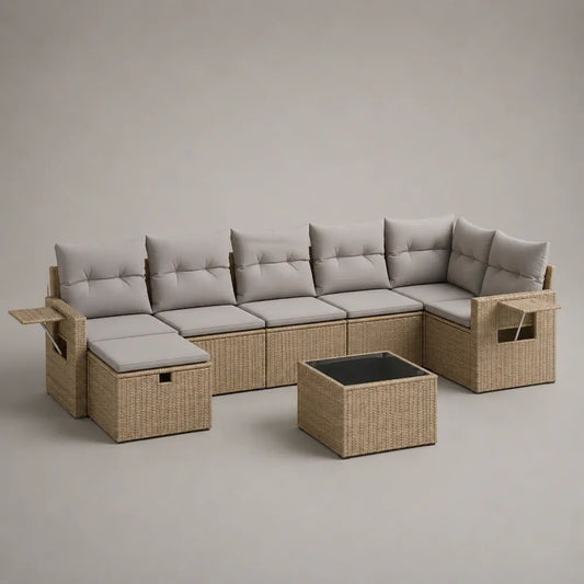 8-teiliges Gartenlounge-Set aus PE-Rattan mit Polstern und Glastisch, L-Form, Beige/Grau/Schwarz, 315 × 215 × 75 cm