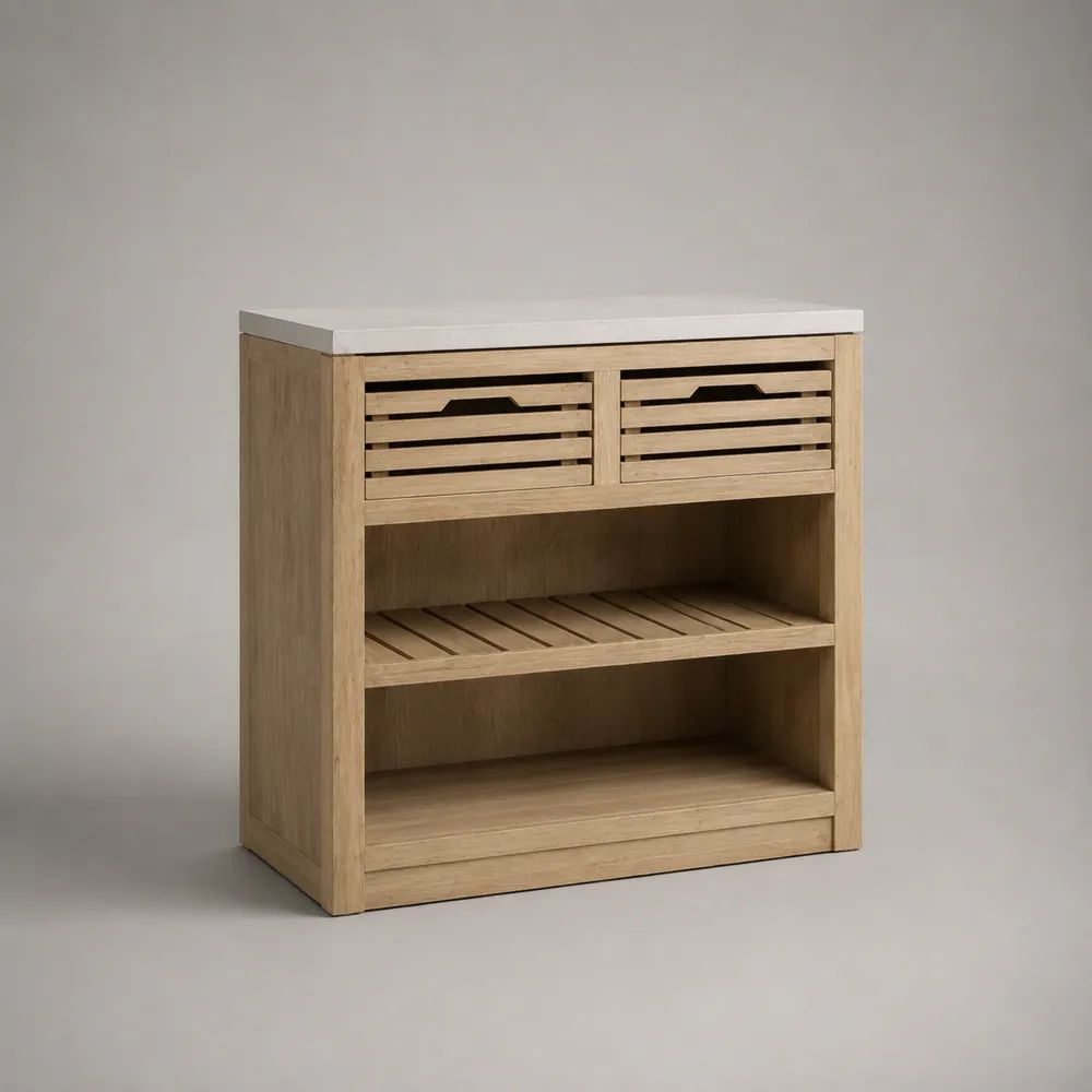 Küchenbuffet aus massivem Kiefernholz und MDF mit 2 Schubladen und 2 offenen Ablagen, Natur/Weiß, 90 × 40 × 100 cm