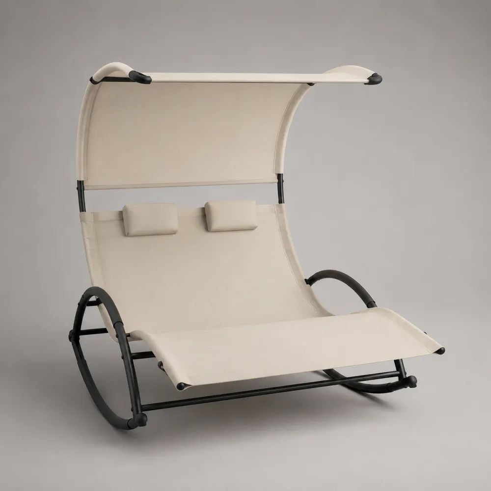 Doppel-Schaukelliege mit Sonnendach, Polyester und gebogenem Stahlgestell, Beige/Schwarz, 175 × 140 × 178 cm