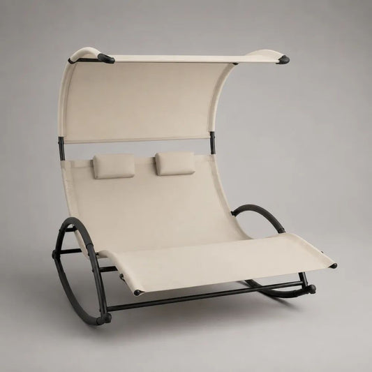 Doppel-Schaukelliege mit Sonnendach, Polyester und gebogenem Stahlgestell, Beige/Schwarz, 175 × 140 × 178 cm
