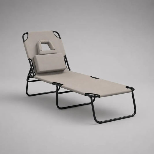 Klappbare Sonnenliege mit Gesichtsöffnung aus Stahlrohr und Polyester, Beige/Schwarz, 190 x 58 x 82 cm