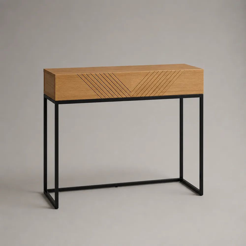 Rechteckiger Konsolentisch mit 2 Schubladen aus MDF, Eichenfurnier und Stahl, Natur/Schwarz, 100 × 30 × 80 cm