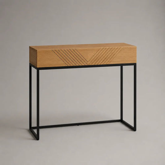 Rechteckiger Konsolentisch mit 2 Schubladen aus MDF, Eichenfurnier und Stahl, Natur/Schwarz, 100 × 30 × 80 cm