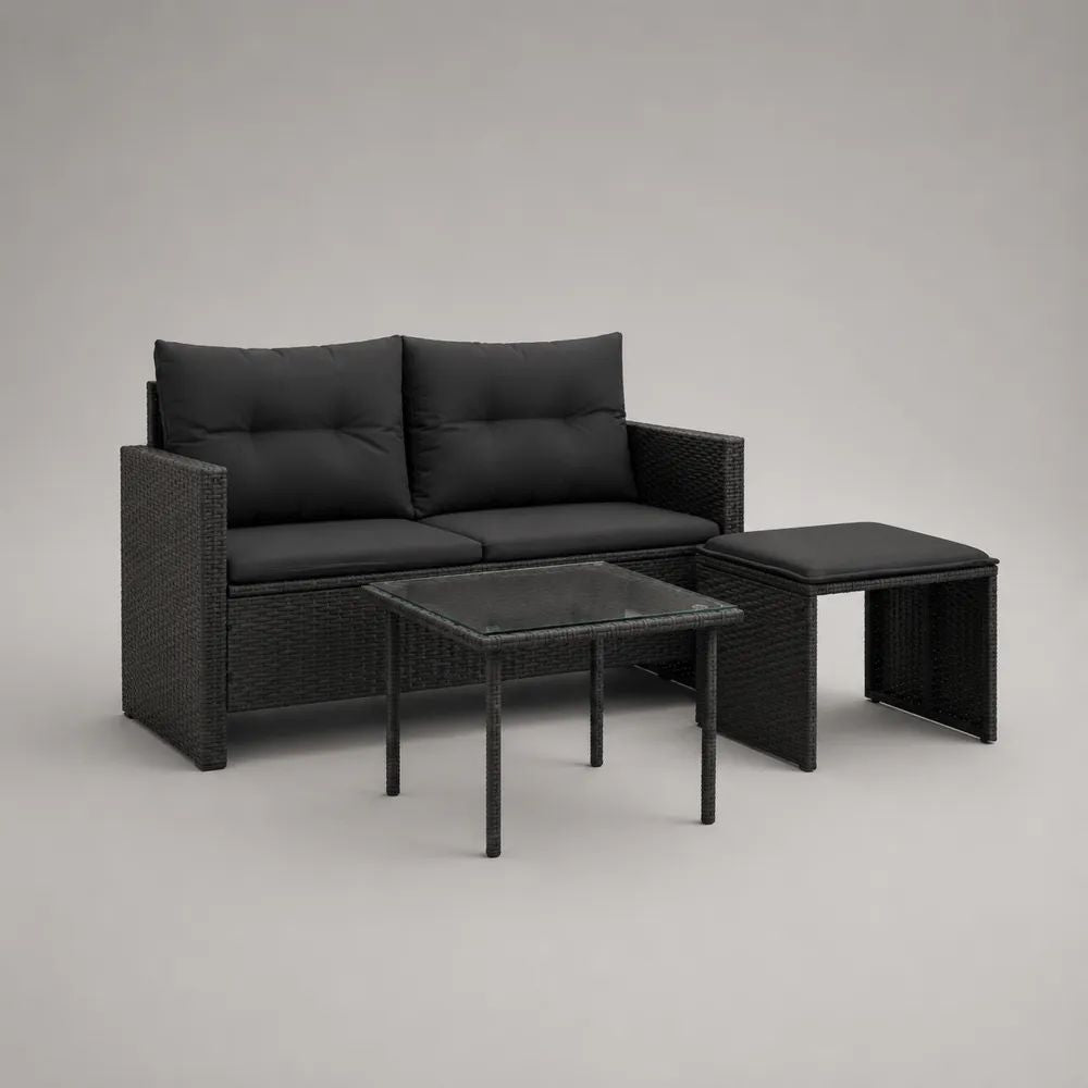 3-teiliges Gartenmöbel-Set aus PE-Rattan mit 2-Sitzer-Bank 124 × 67 × 79 cm, Hocker 60 × 40 × 39 cm und Glastisch 60 × 40 × 38 cm, Schwarz/Dunkelgrau